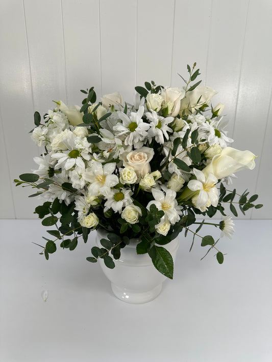 White sympathy floral vase